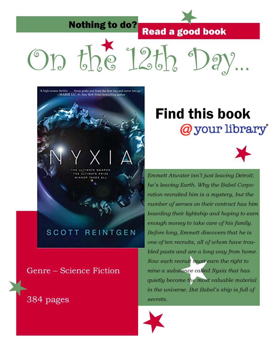 🎅🎄🤶On the 12th and last day of holiday book recommendations, my librarian suggests I read Nyxia by Scott Reintgen @Scott_Thought This is an off the hook action packed SciFi romp - LOVE IT 🥰
 
 Check out this book today @yourlibrary #NGCPride 
@ilfonline