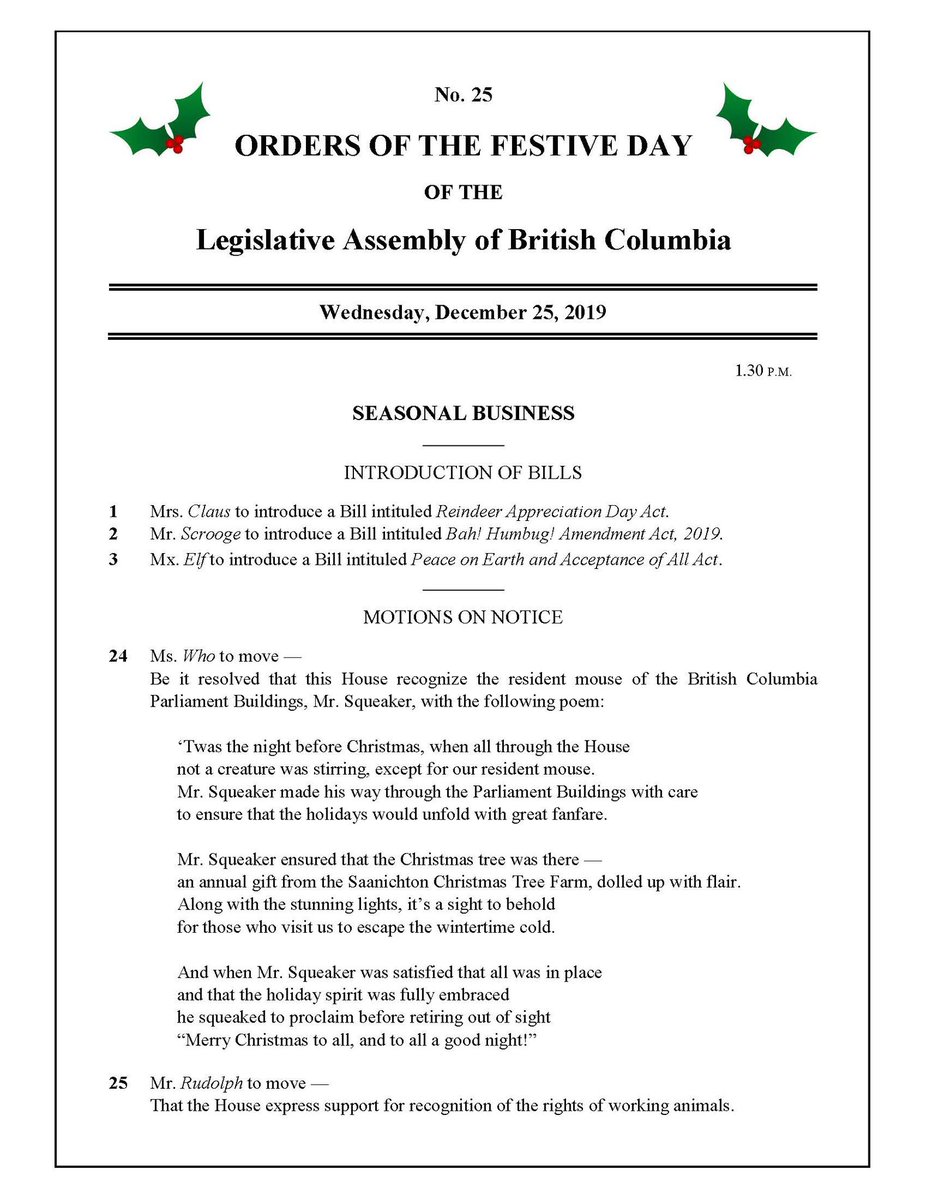 BCLegislature's tweet photo. Attention procedural nerds: 

Pursuant to #BCLeg Seasonal Order, the Orders of the Festive Day for December 25, 2019 are now available.

#WhatHappensWhenClerksCantSleep
#ParliamentaryHumour 
#BCpoli https://t.co/o0PBS39XAE