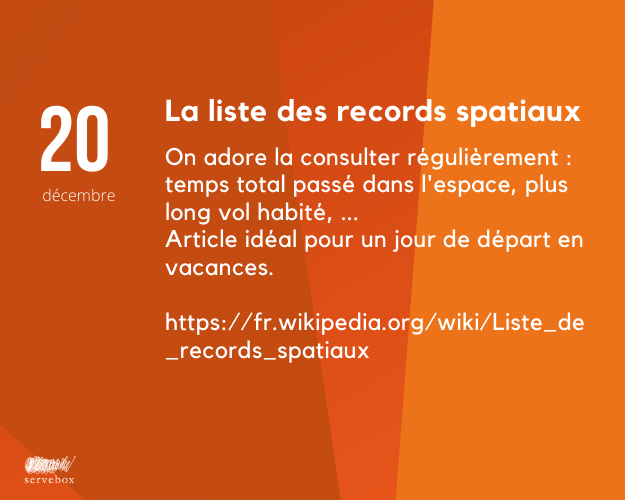 On adore la consulter régulièrement : temps total passé dans l'espace, plus long vol habité, ... 
Article idéal pour un jour de départ en vacances ou avant un temps de fête.

fr.wikipedia.org/wiki/Liste_de_… 
#CalendrierAvent #OnAimeOnPartage
