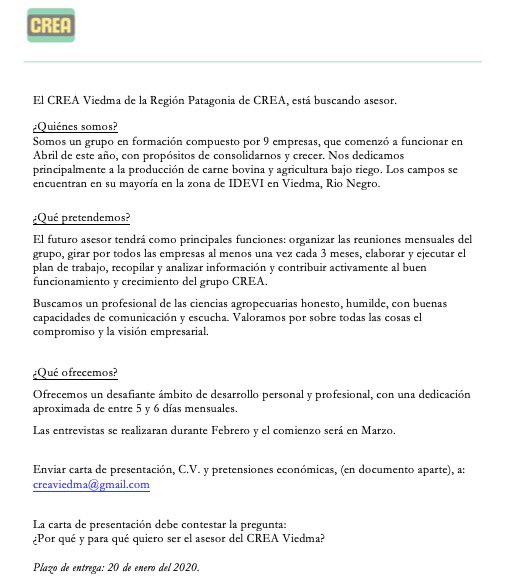 El CREA Viedma busca asesor!
#Patagonia #SomosCREA
<a href="/crea_arg/">CREA</a>