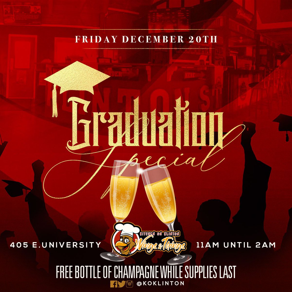 EatKOK_'s tweet image. Congratulations graduates 

Free Champagne bottles @ #UL20 

#GeauxCajuns