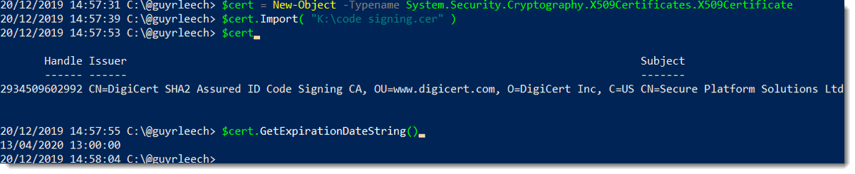 guyrleech's tweet photo. If you need to examine a certificate .cer file in #PowerShell it's easy via .NET:

$cert = New-Object -Typename https://t.co/4Fo9lo1fvq.Cryptography.X509Certificates.X509Certificate

$cert.Import( "K:\code signing.cer" ) https://t.co/DWBNBihhs3