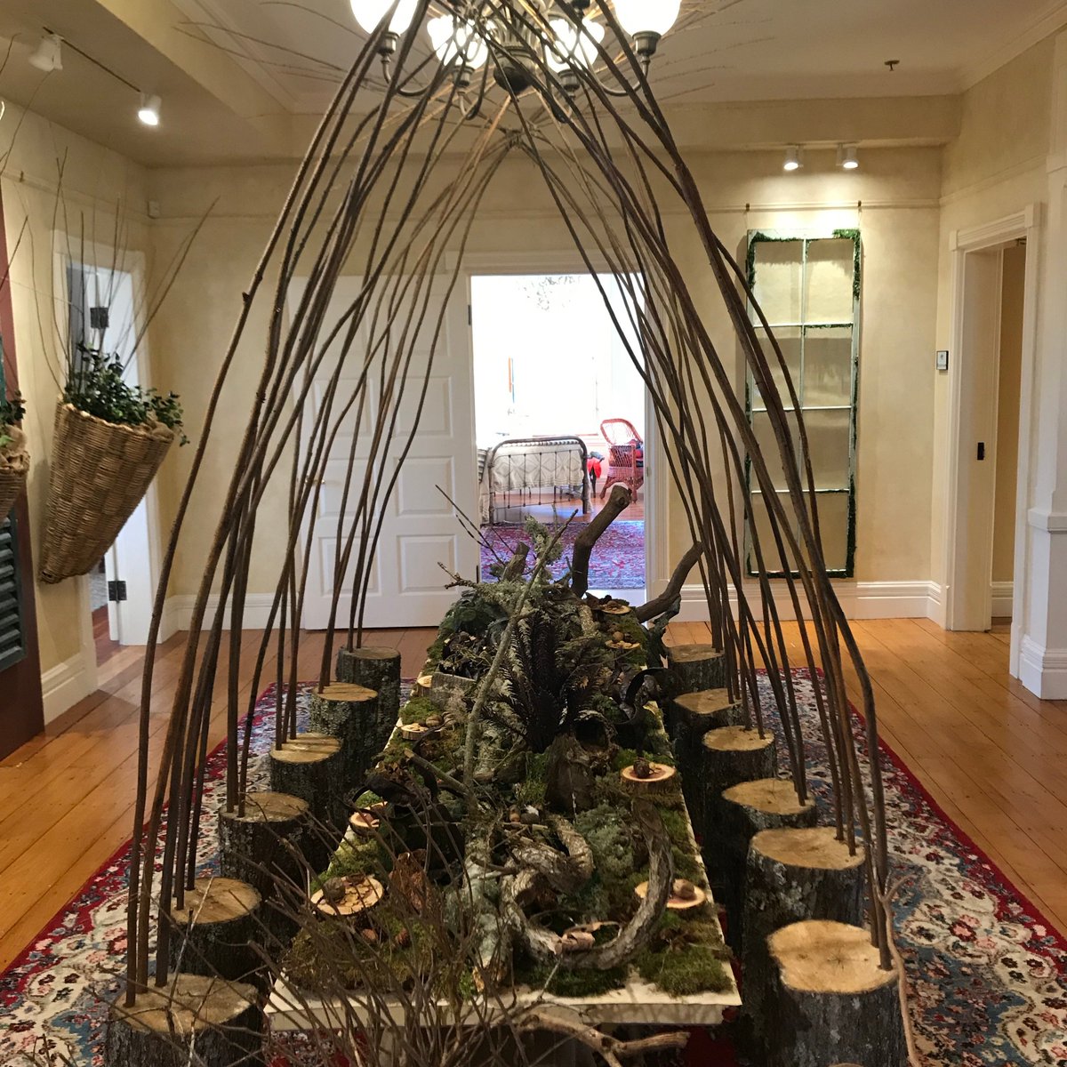 75Locust's tweet image. 17th annual Holidays at #HighfieldHall house tour ends today-go if you can. This year's theme, "Nature Brought Indoors," is inspired by environmental artist #PatrickDougherty whose willow sculpture beckons from the lawn. Sculpture alone (which stays a yr longer) worth the visit.