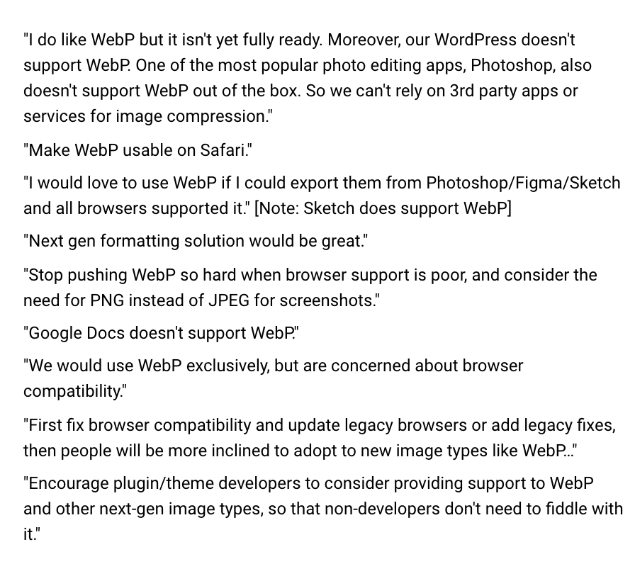 Screenshot of some feedback from the @ChromiumDev image optimisation developer survey.