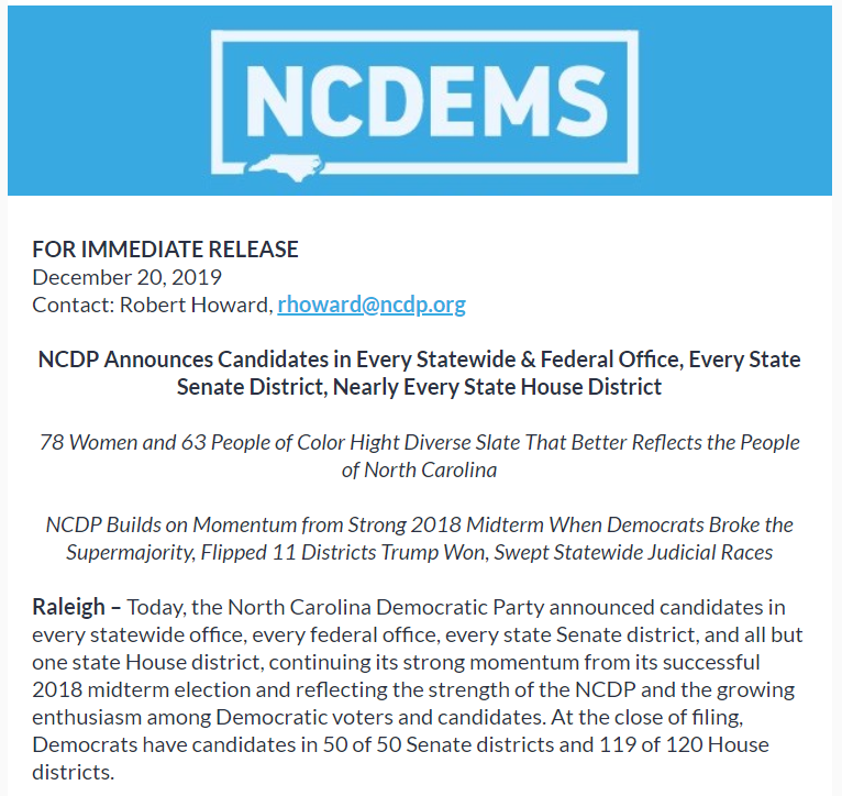 RobertWHoward's tweet photo. With filing over, @NCDemParty is proud to announce candidates in every statewide and federal office, every state Senate office, and all but one state House seat, keeping up the momentum from a strong 2018.

Full release here: https://t.co/2jP2LfyGjU #ncpol https://t.co/1UXJdn8edv