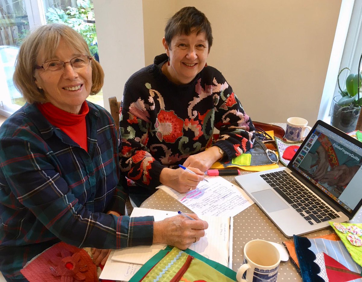 Fiddlequilts's tweet photo. Judy and I pondering the content of our lecture for 2020 Quilters Guild AGM on Fiddle Quilts for people living with dementia. Children like them too.  Good excuse for a festive catch up with a friend! https://t.co/uF3NHJdViK