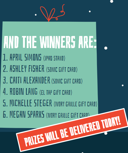 MadiKempton's tweet photo. Congrats to our 12 Days of Twitter winners! @MsFish9 @AprilSimons6 @Ms_Steger @LibraryScjh @MsAWorldHistory @langr_5 We had so much fun following your posts! Enjoy your prizes and Christmas break! #SSD12Days @SEDALIASCHOOLS https://t.co/ypHB27b1EC
