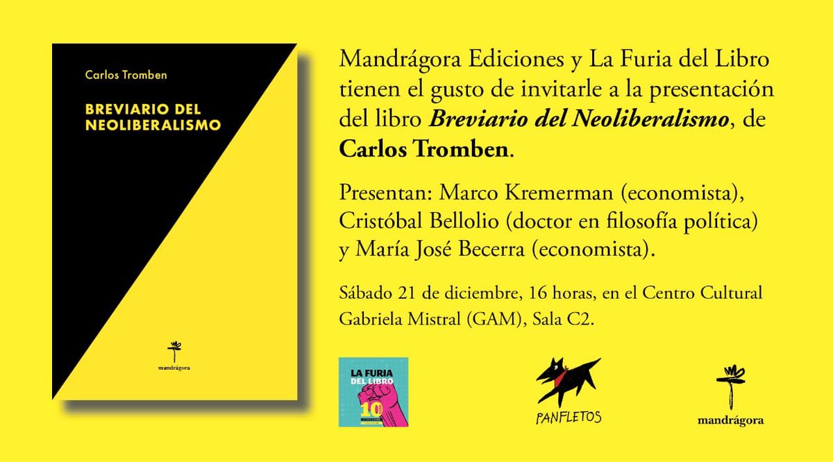 mjobecerra's tweet photo. Mañana sábado 21 en el @centroGAM junto a @cbellolio y Marcos Kremerman estaremos presentando el tremendo libro de Carlos @tromben "Breviario del Neoliberalismo" editado por @mandragoraedit. El nuevo Chile es #Postneoliberal y #Cooperativista gracias a @lafuriadellibro 📚📖😍💜 https://t.co/uTcSNKJiZU