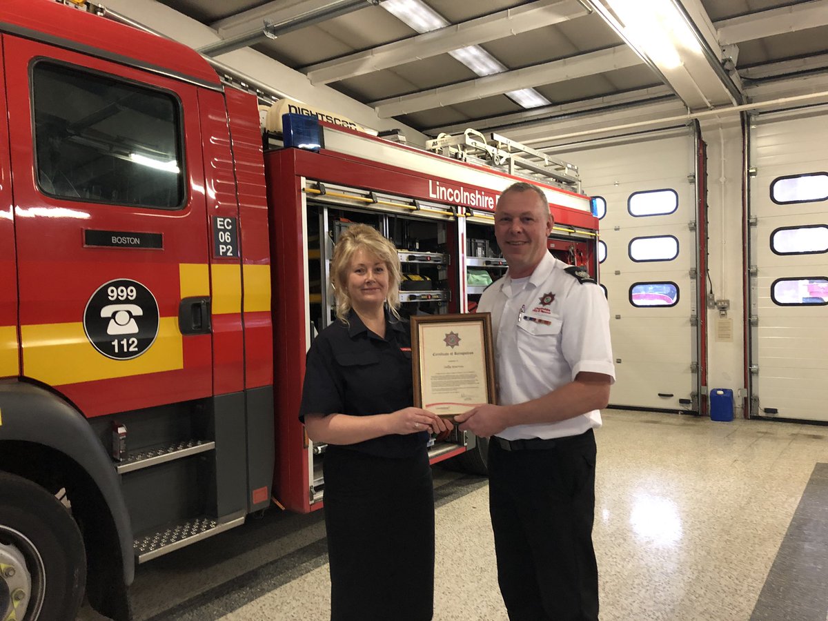 Our fantastic Sally from the control room received recognition today for her professionalism in helping a couple escape a fire in their home in Fishtoft in September before arrival of <a href="/BostonLFR/">Boston fire station</a> . 🚒 #oneteam