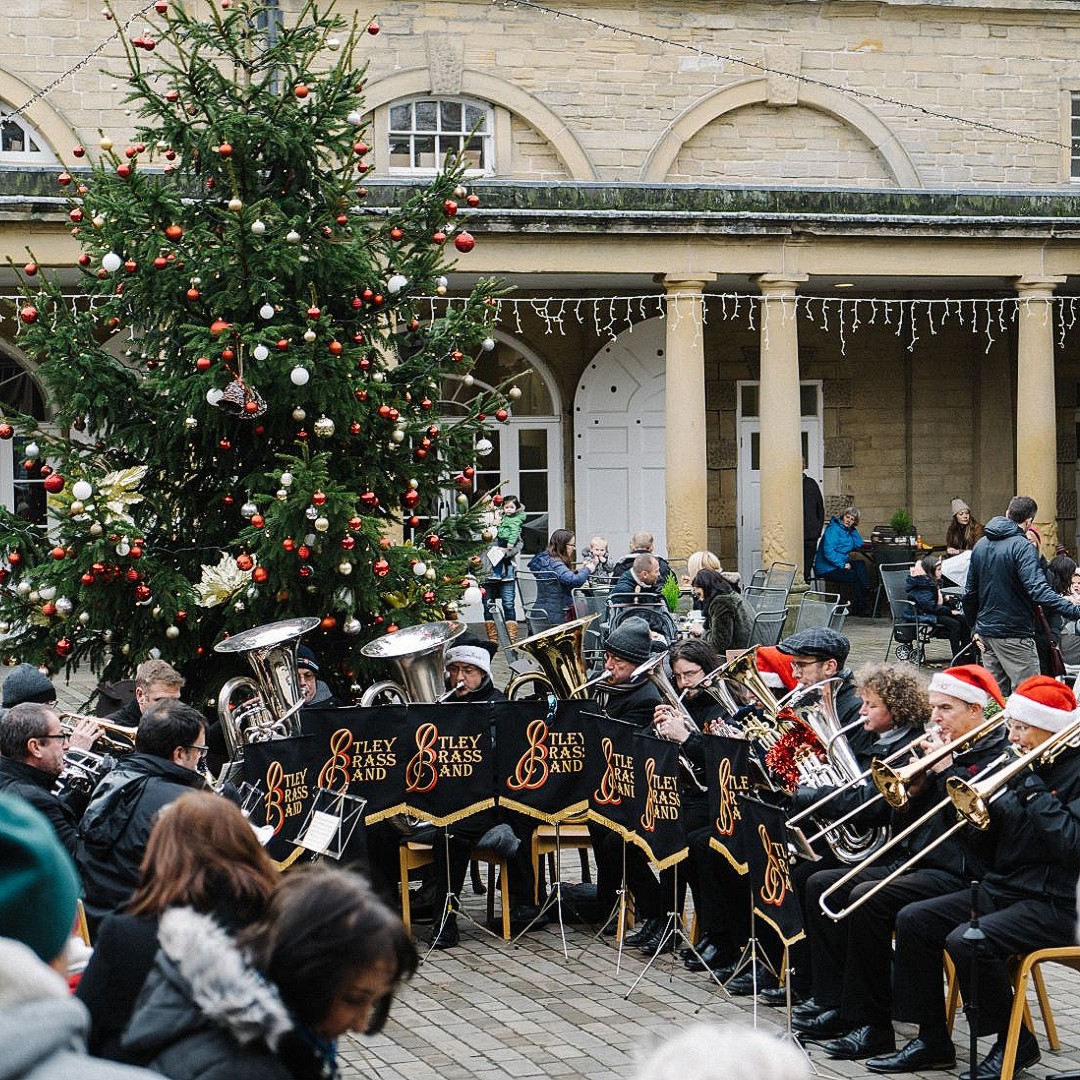 Festive music in The Courtyard this weekend. Whilst the photo is the marvellous <a href="/OtleyBrassBand/">Otley Brass Band</a> we're welcoming the equally wonderful <a href="/BarnsleyBrass/">Barnsley Brass</a>  this Saturday. 1pm and 3pm. #christmasmusic #festive #brassbands