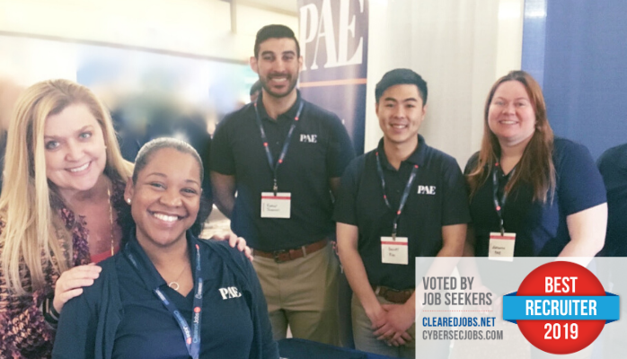 ClearedJobsNet's tweet photo. Congratulations to the team from @PAE_Company for being voted as #BestRecruiters in 2019 by our community of job seekers. Thank you for making a difference at our #ClearedJobFairs &amp; #CyberJobFairs https://t.co/nkGQ6pOLdP
