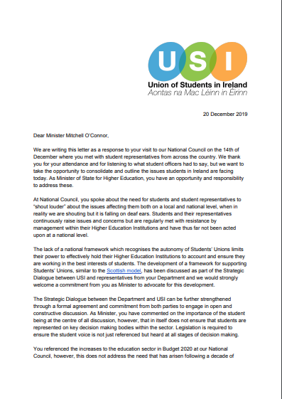 amle_ie's tweet photo. USI issue a response to Minister of State for Higher Education, Mary Mitchell O'Connor, to her visit to USI National Council on the 14th of December where she met with student representatives from across the country.

#BreakTheBarriers https://t.co/z7Oee52G0N