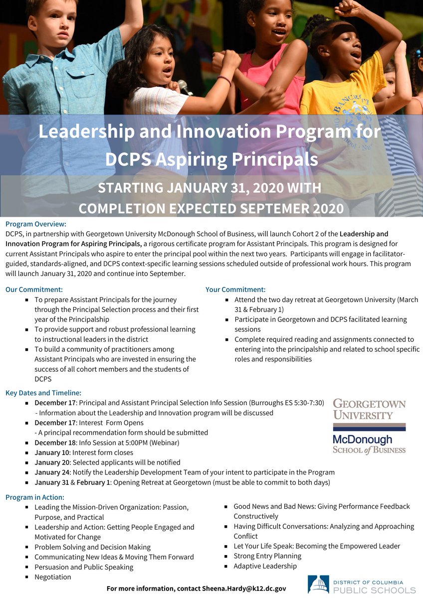 Are you currently a DCPS AP &amp; interested in taking the next step into Principalship? The Leadership &amp; Innovation Program for Aspiring Principals is designed for current DCPS APs who aspire to enter the principal pool. Apply today! App deadline is 1/10/20. More details on flyer.