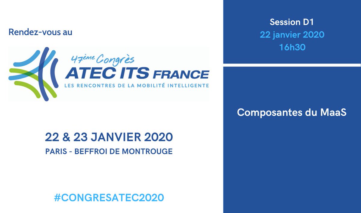 Assistez aux interventions de <a href="/Ubitransport/">Ubitransport devient Matawan</a>, <a href="/CitywayMobilite/">Cityway</a>, #PMP, <a href="/smtc63/">SMTC-AC</a>, #setec, <a href="/AtsukeMobile/">Atsukè</a>, <a href="/Transdev/">Transdev Group</a>, <a href="/KlaxitFR/">Klaxit par BlaBlaCar Daily</a>, <a href="/GroupeColas/">Groupe Colas</a> sur le sjt #MaaS.
RDV le 22/01/20 au Beffroi de Montrouge pour le #congresatec2020 👥🏙️
Inscriptions ⤵️  :
bit.ly/2sk8mKO 
#mobilités