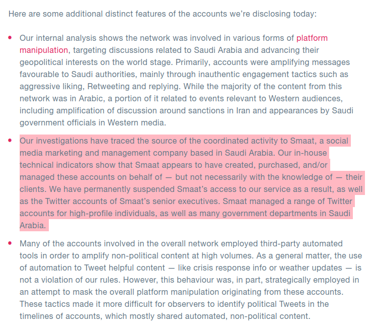 RebeccaRambar's tweet photo. 5 929 comptes ont été supprimés pour avoir cherché à manipuler #Twitter. Ces comptes étaient liés à une importante opération d'information soutenue par l'État en provenance d'#ArabieSaoudite.
Le compte de #Smaat a aussi été suspendu
#Trolls #SaudiArabia
https://t.co/7UUMW4mcjn https://t.co/oB4ywlI9MG