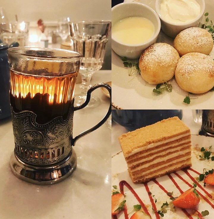 #dessert- @Zima_Restaurant 

Curd pancakes, honey cake & tea 

The desserts were great, really light, sweet and moreish! ⭐️⭐️

#медовыйторт #mcrdiner  #сырники #чай #чайнаяцеремония #русскаякухня #русскаяеда #лондон #русскиевлондоне #mcrdiner #review #russia #foodie #russianfood