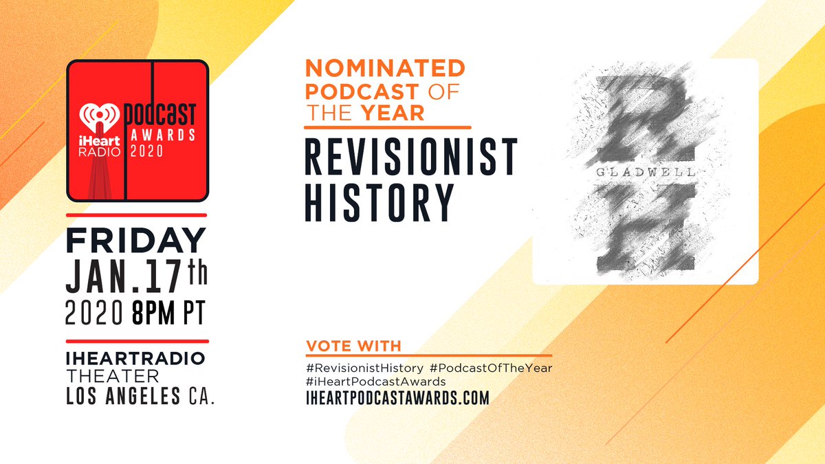 iHeartRadio (@iheartradio) on Twitter photo From fast food, to the "Queen of Cuba," <a href="/Gladwell/">Malcolm Gladwell</a> has gone back and revisited some very interesting subjects in 2019 on his podcast, #RevisionistHistory. π
RT to vote for #RevisionistHistory for #PodcastOfTheYear at the 2020 #iHeartPodcastAwards! From fast food, to the "Queen of Cuba," <a href="/Gladwell/">Malcolm Gladwell</a> has gone back and revisited some very interesting subjects in 2019 on his podcast, #RevisionistHistory. π
RT to vote for #RevisionistHistory for #PodcastOfTheYear at the 2020 #iHeartPodcastAwards!