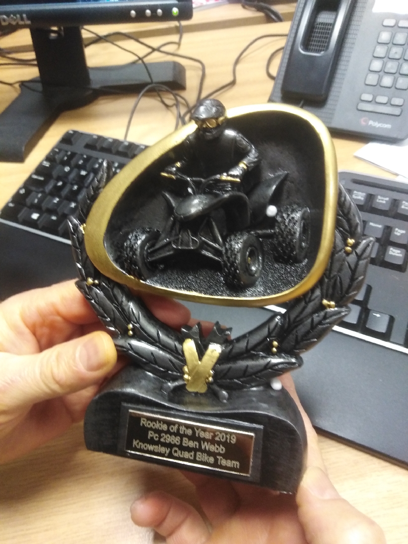 MerPolKnowsley's tweet photo. Certainly an early Christmas present for PC Webb who has scooped Knowsley's Quad Bike Team Rookie of the Year award for 2019. Office #secretsanta day today.Ben appeared in #copcarworkshop early this year whilst removing many illegal bikes off the streets in #Knowsley #opbrookdale https://t.co/n0rgXTRXfN