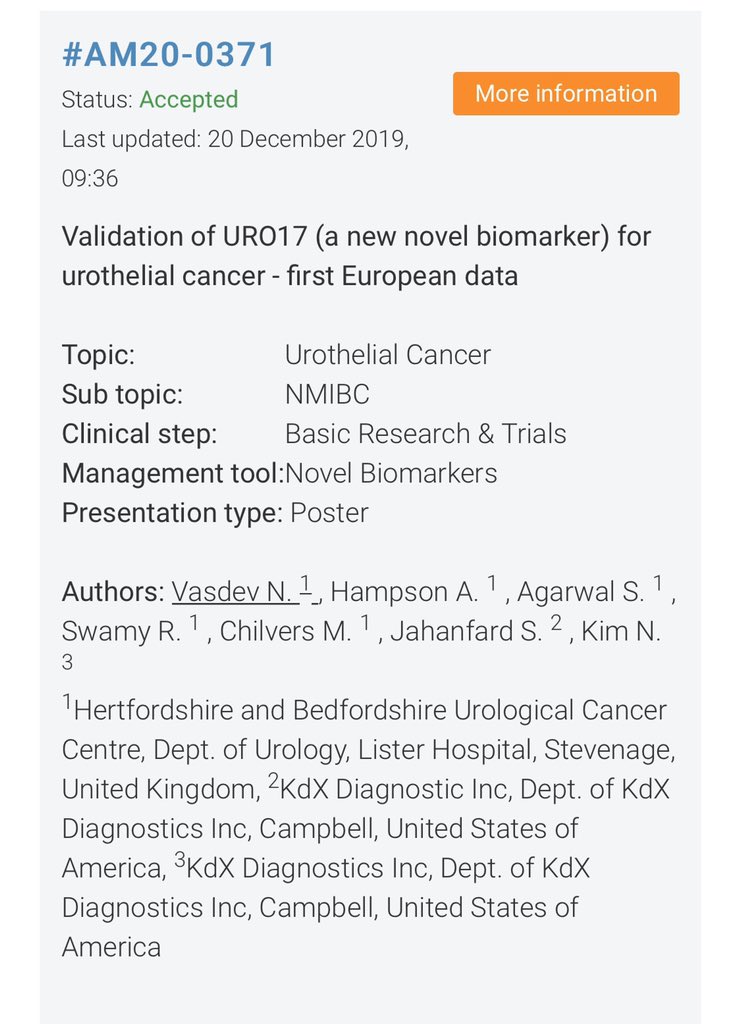 nikhilvasdevuro's tweet photo. Looking forward to presenting our URO17 Bladder Cancer Biomaker Pilot data at @eau2020 from @ENHertResearch @enherts @UniofHerts . @AlexHampson7 @MikeChilvers1 #improvingbladdercanceroutcomes https://t.co/BE2INmdFFT