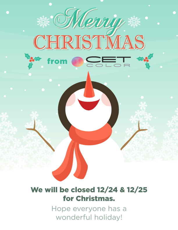CETColor's tweet photo. CET Color - We will be closed 12/24 &amp; 12/25 
for Christmas. Hope everyone has a wonderful holiday! https://t.co/K8qzGSnWK9