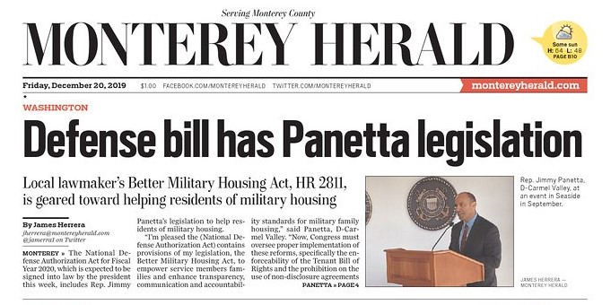 RepJimmyPanetta's tweet image. Today's @MontereyHerald - this week my bill to improve military housing will be signed into law. I'm committed to improving oversight and enhancing the health, safety, and quality of privatized military housing for our servicemembers on the Central Coast and across the country.