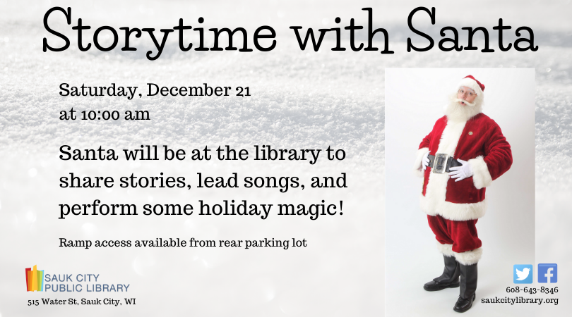 SaukCityLib's tweet photo. Santa will be at the library on Saturday, December 21 at 10:00 am. He'll share stories, lead songs and preform some holiday magic! Afterward there will be cookies and Santa will be available for photos. #saukcitylibrary #santastorytime https://t.co/84pXhB2zsN