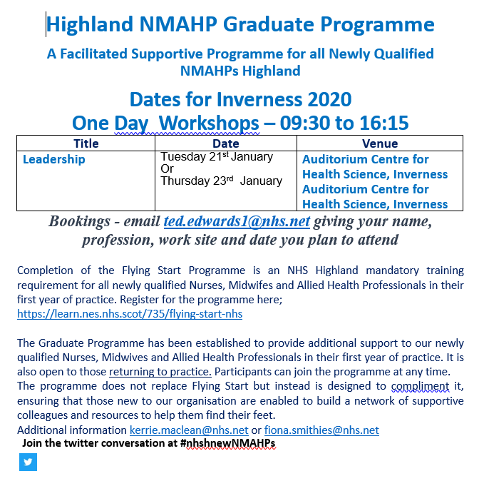 We are doing a workshop in Leadership for all newly qualified graduates in January.  Hurry and get your name down to come and see us #flyingstart #leadership @kerrieahped @NHSHighland  @NMAHP_Highland
