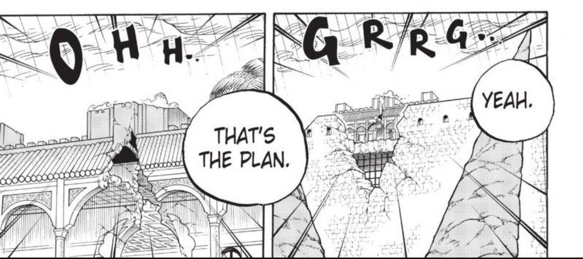 Standout Panel - Good call on Oda’s part using the early scene with Law + Cavendish to remind the reader of the distance from the top of the tower to ground level. Those establishing shots help emphasize the enormous distance Luffy clocks Doffy over in one punch.  #OPGrant