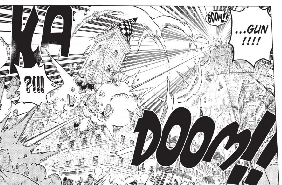 Standout Panel - Good call on Oda’s part using the early scene with Law + Cavendish to remind the reader of the distance from the top of the tower to ground level. Those establishing shots help emphasize the enormous distance Luffy clocks Doffy over in one punch.  #OPGrant