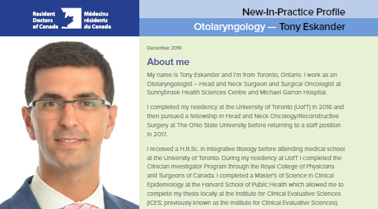 UofT_OHNS's tweet photo. Congratulations to our very own @DrTonyEskander, @jcottre, and Yael Bensoussan for being featured in @ResidentDoctors! 🎉🎉 You can read their profiles here: https://t.co/dyDrb9K2IG #OHNS https://t.co/81sXjfLtHg