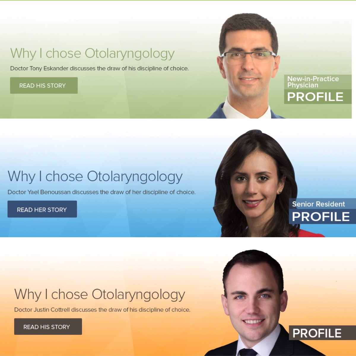 UofT_OHNS's tweet photo. Congratulations to our very own @DrTonyEskander, @jcottre, and Yael Bensoussan for being featured in @ResidentDoctors! 🎉🎉 You can read their profiles here: https://t.co/dyDrb9K2IG #OHNS https://t.co/81sXjfLtHg
