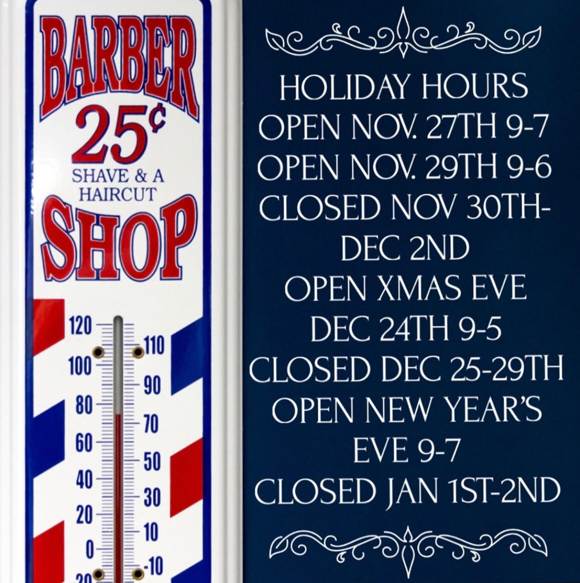 UnionBarberKF's tweet photo. These are our holiday hours! Take a look so we can take care of you before seeing your family and friends!!!!!!♥️💈 https://t.co/oroW0TmPqb
