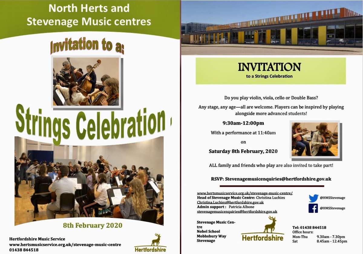 HMSStevenage's tweet photo. 🎼Intergenerational music morning back by popular demand and its FREE🎶Do you play a string instrument? Please come and join our young musicians Morning of 1st Feb 2020. Register at   stevenagemusicenquiries@hertfordshire.gov.uk
@hertsmusic @StevArtsGuild @StevenageBC @HYOC2020 https://t.co/7qOnNp4ziU