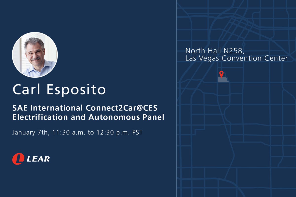 LearCorporation's tweet photo. At @SAEIntl's Connect2Car @CES panel, Lear President of E-Systems Carl Esposito will be discussing advancements in #electrification and #autonomous vehicle solutions. Learn more: https://t.co/nV2RLkj3F0 #CES2020 #Connect2Car https://t.co/lMvrfB4Ku9