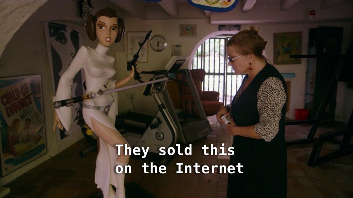 scullyxf's tweet image. nothing will ever top carrie fisher keeping a life-sized princess leia sex doll in her house as decoration