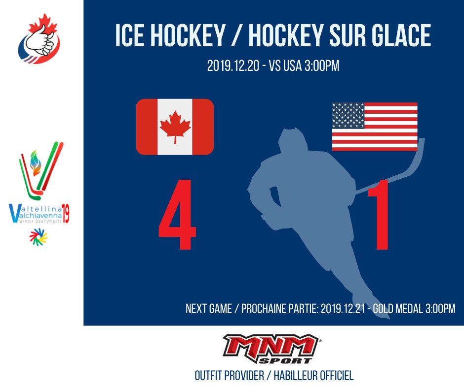 Our Ice Hockey 🇨🇦 Team remains undefeated! Both Canada and USA will compete for 🥇 tomorrow in the finals at 3:00pm (9:00am EST). It will, once again, be a tough game! <a href="/USADSF/">USA Deaf Sports Federation</a> Go 🇨🇦 Go!
#Deaflympics2019 #VictoryAlwaysFelt #Sports #Deaf #TeamMNM #DeafTheNorth #OurNeighbours