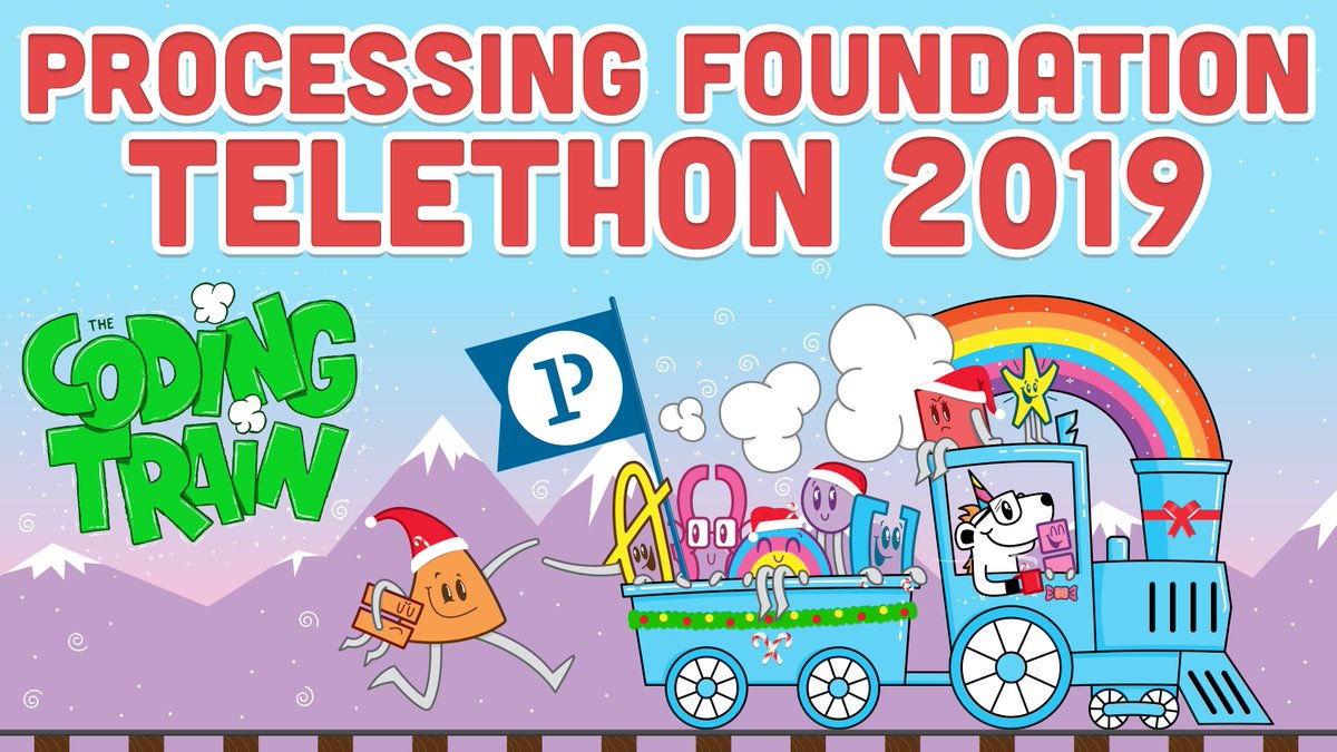 Processing Foundation Telethon 2019 image with Coding Train characters on train