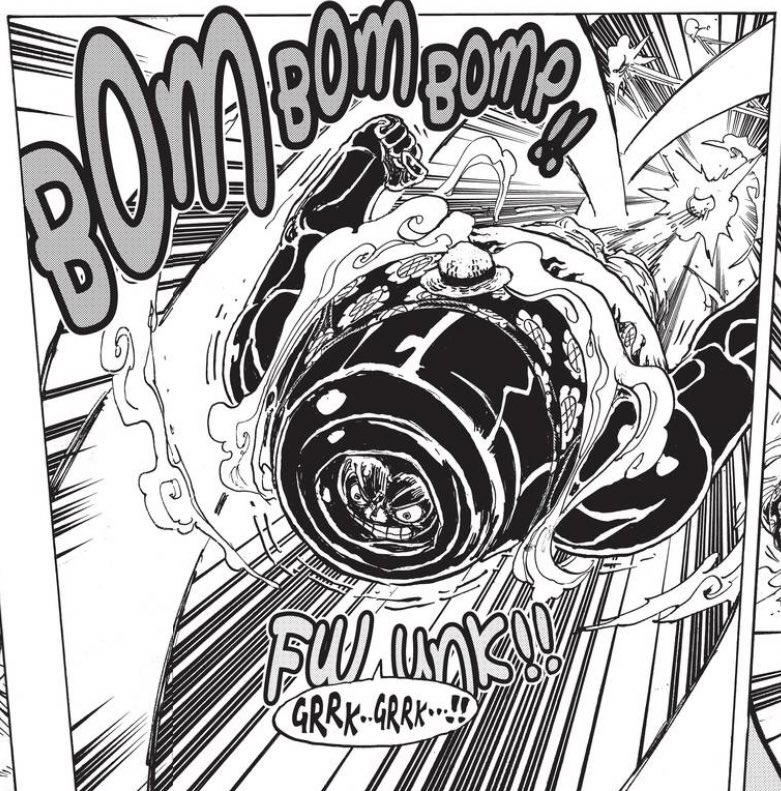 Standout Panel - Just from a design perspective I think Gear Four is a fascinating change for Luffy. Oda’s gone a long way with the creativity of stretching rubber, but this tapering “funnel” retraction thing adds an entirely new expressive dimension to our hero.  #OPGrant