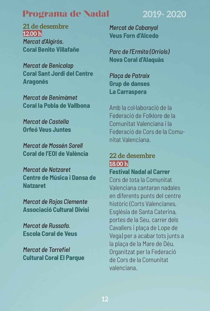 💫 Demà, les actuacions en els #mercats municipals inicien el cicle de concerts del #NadalVLC 🎶, que continuaran diumenge amb el festival 'Nadal al Carrer' en diferents localitzacions del centre 🎄. Consulta la programació del cap de setmana ací  ⤵️
👉🏽 bit.ly/38XiI43
