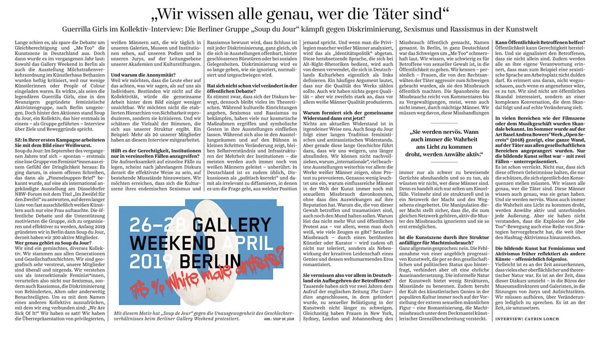 SdJcollective's tweet photo. WE ALL KNOW EXACTLY WHO THE PERPETRATORS ARE 💥
 
We were recently interviewed by Catrin Lorch for @SZ &amp; took the opportunity to focus on the toxic silence that exists around sexual abuse in the realm of art &amp; culture in GER.

Full interview (ger &amp; eng):
https://t.co/kPvOMLSb82 https://t.co/eibarYWtx8