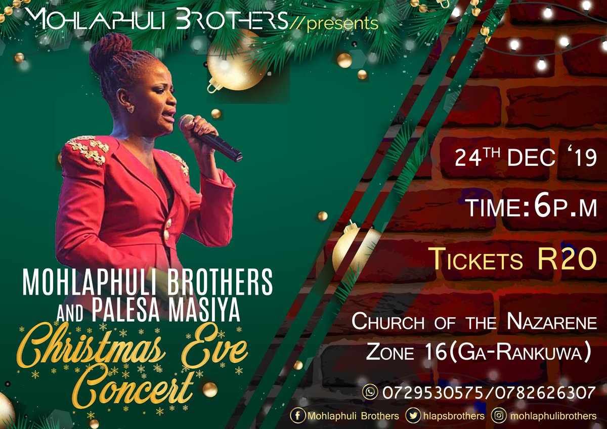 Our incredible and anointed worshipper <a href="/palesa_masiya/">Palesa P Masiya</a> will be live at the Christmas Eve Concert 👐👐
Are you coming fam?
#HlapsBrothers #christmaseveconcert