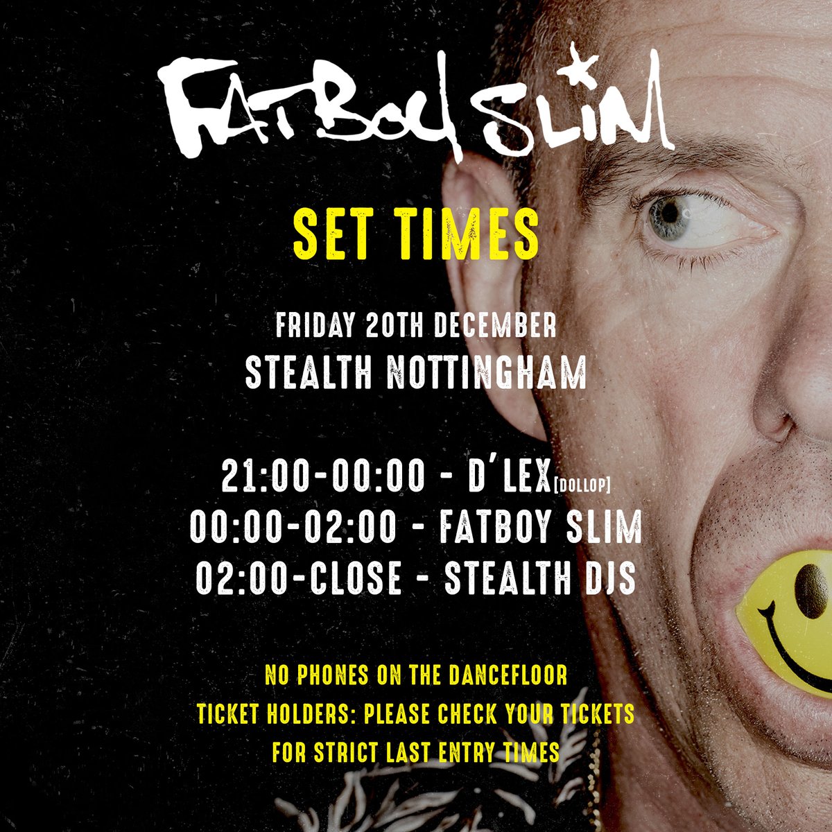 stealthclub's tweet photo. Set Times for tonight's party with @FatboySlim at Stealth!

More info: https://t.co/uh59o3pPR5. https://t.co/AqYemr3DVc