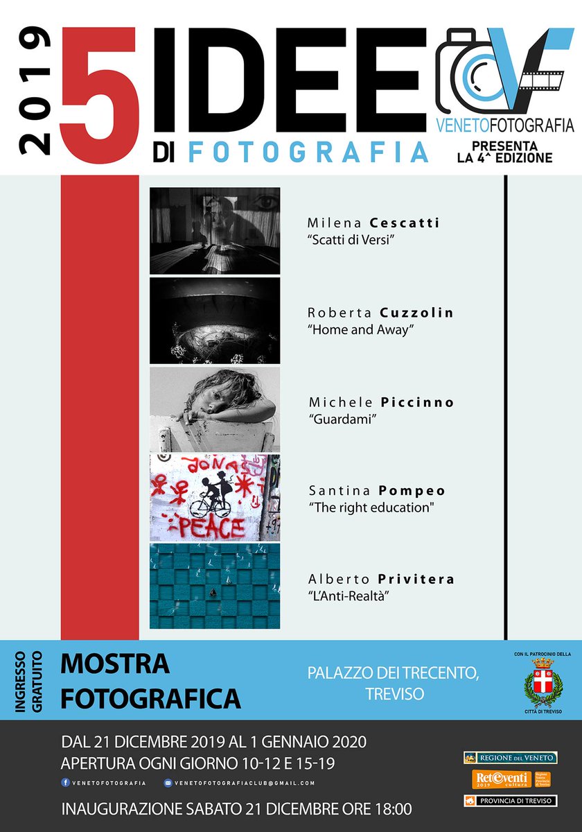 Da #domani #sabato 21 #dicembre 2019 e fino al 1 #gennaio 2020: 5 Idee di fotografia 📷🖼
Nella splendida cornice di #PalazzoDeiTrecento a #Treviso le opere di 5 autori del Circolo Fotografico Venetofotografia 
📍Inaugurazione: ore 18.00
🆓Ingresso gratuito
