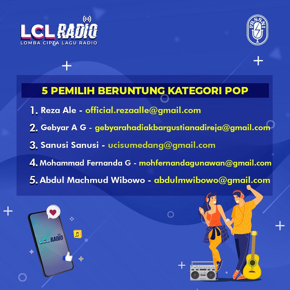 lcl_radio's tweet photo. Berikut adalah 5 Pemilih beruntung pada kategori Pop yang berhak mendapatkan smartphone.⁣⁣
⁣⁣
Selamat untuk para pemenang yang beruntung. Para pemenang akan dihubungin oleh panitia segera. ⁣⁣
⁣⁣
Keputusan ini mutlak dan tidak dapat diganggu gugat. https://t.co/TZQvKd6rbW