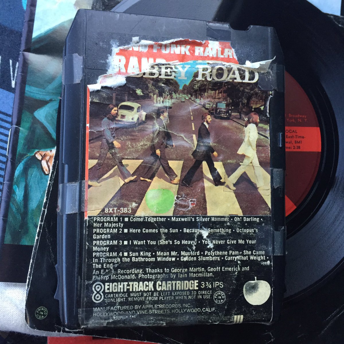 Anyone care to offer their theory why a Grand Funk Railroad label is hiding underneath the label of this Abbey Road 8-track?  #beatles #beatlesmysteries #grandfunkrailroad #8tracks