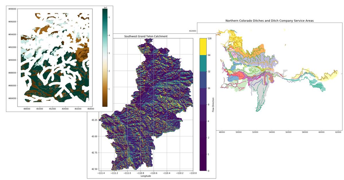 hethbill's tweet image. I&apos;m drowning in grading today, but had to share what my awesome @WarnerCollege NR427 programming students made with #Python and #JupyterNotebooks using rasterio, pysheds, and geopandas.