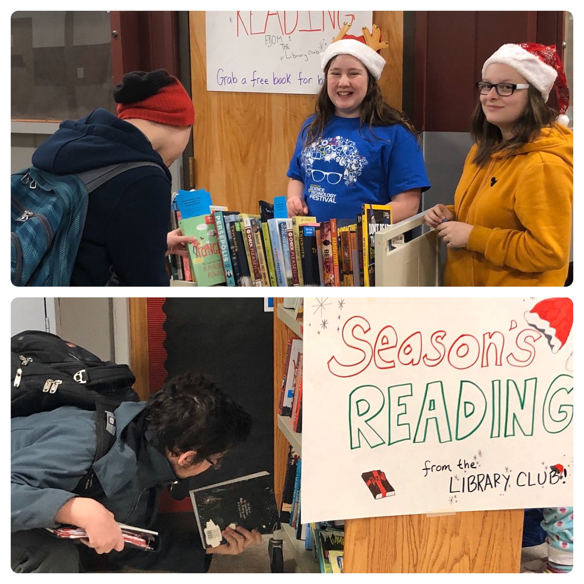 HelenaPublic's tweet photo. The Lewis & Clark Library gifted the HHS Student Library Club with 250+ brand new books to pass out to students! Club member elves had a blast handing them out during lunch yesterday. Thanks LC Library. #bengalpride #LCLibrary https://t.co/HZF91IvKVO