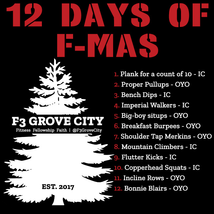 #f3backblast: f3grovecity.blogspot.com/2019/12/backbl…

#f3counts: 5

<a href="/F3Pittsburgh/">F3 Pittsburgh</a> #12Days #STYITG
