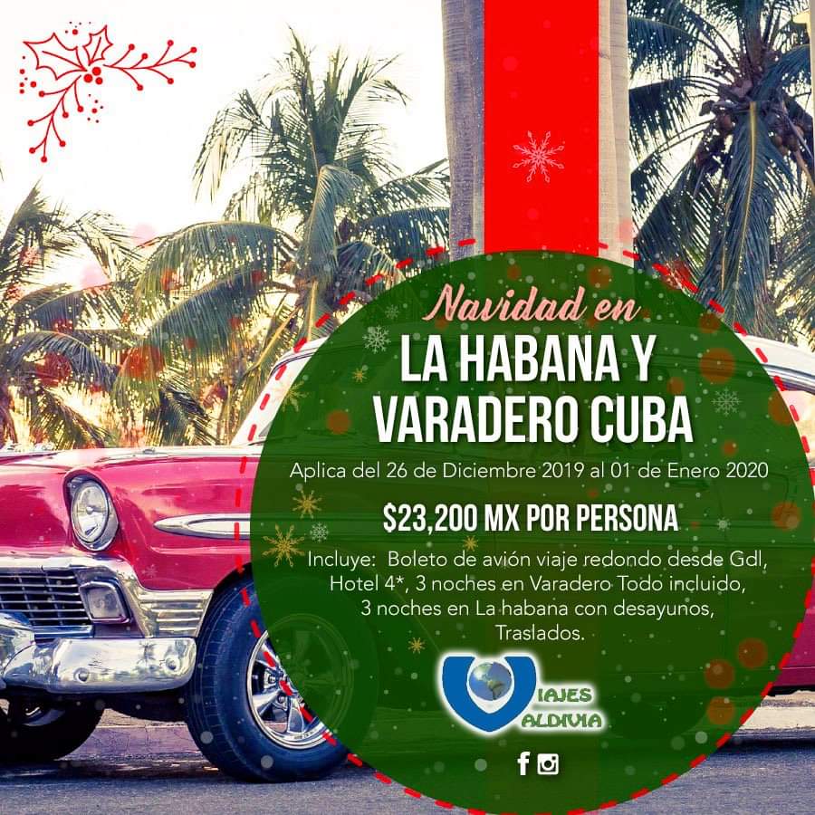 ViajesValdivia's tweet photo. ¿Cuál frío? Vente a #Cuba para año nuevo con vuelos desde Guadalajara incluidos solo $23,200 p/persona 3 noches en Varadero todo incluido y 3 noches en Habana con desayunos más informes por WhatsApp https://t.co/yP6mDsdIwF y 3315954270 @MisPromosGDL @TeloVendoGDL @EnGuadalajara https://t.co/hnYV4NEms6