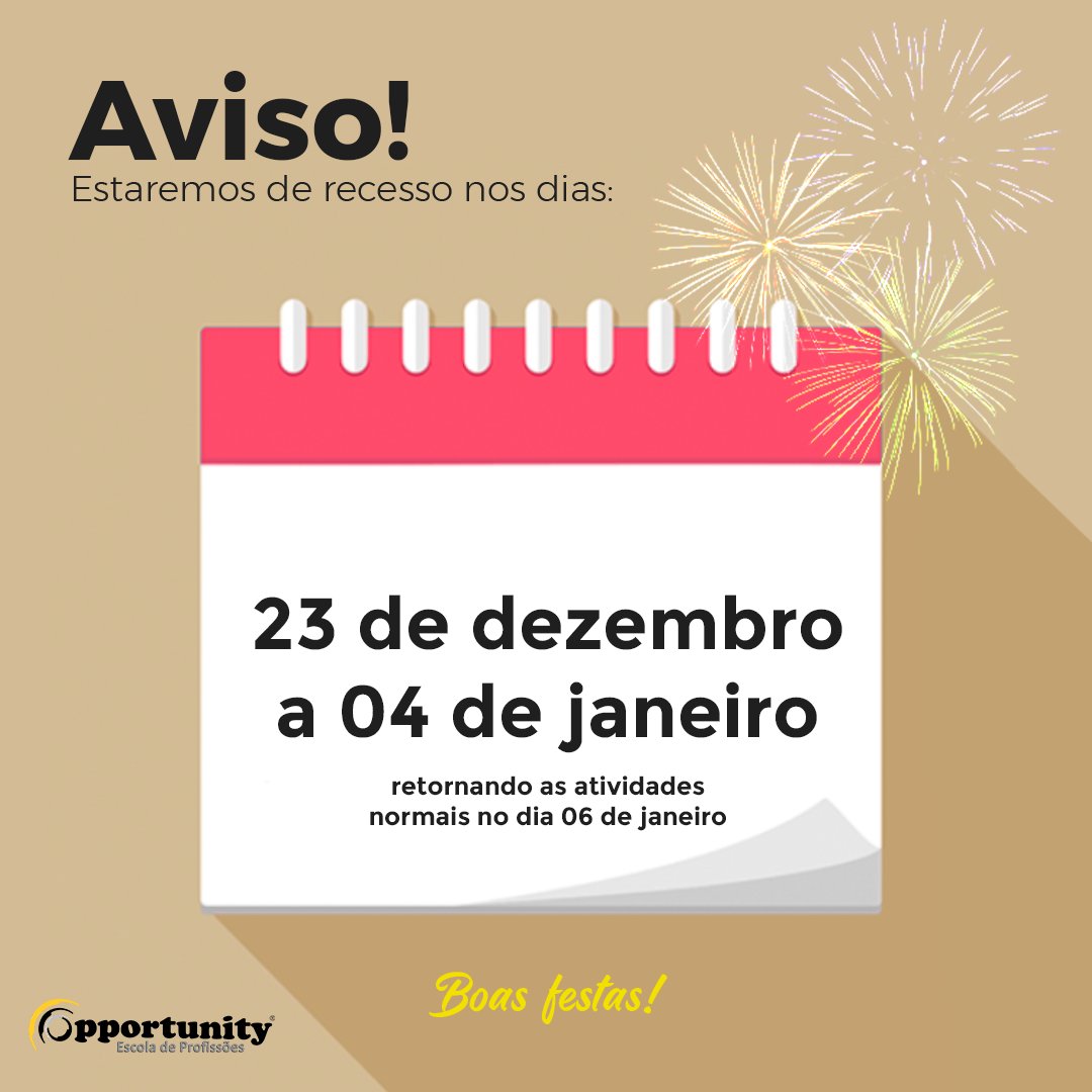 redeopp's tweet photo. ⚠ AVISO IMPORTANTE:
👉 Estaremos de recesso do dia 23 de dezembro ao dia 04 de janeiro, retornando as atividades normais no dia 06 de janeiro;
.
🎆 Boas festas à todos! https://t.co/TKiQJCvCPt